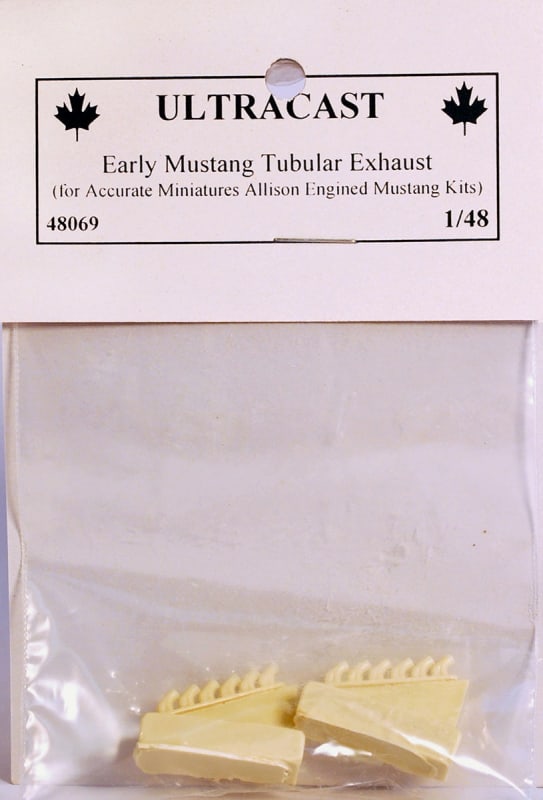 Photo of package by Ultracast of 1/48 resin casted tubular exhaust for early P-51 Mustang.