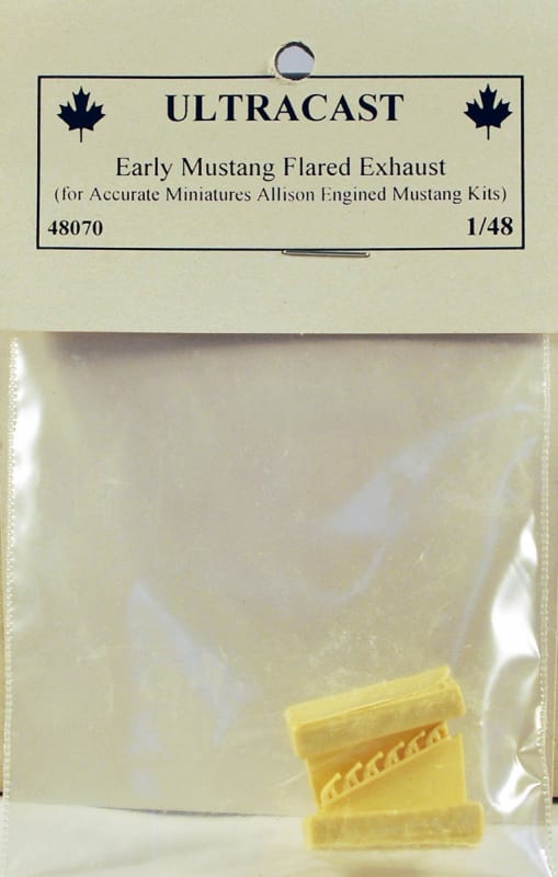 Photo of package by Ultracast of 1/48 resin casted flared exhaust for early P-51 Mustang.