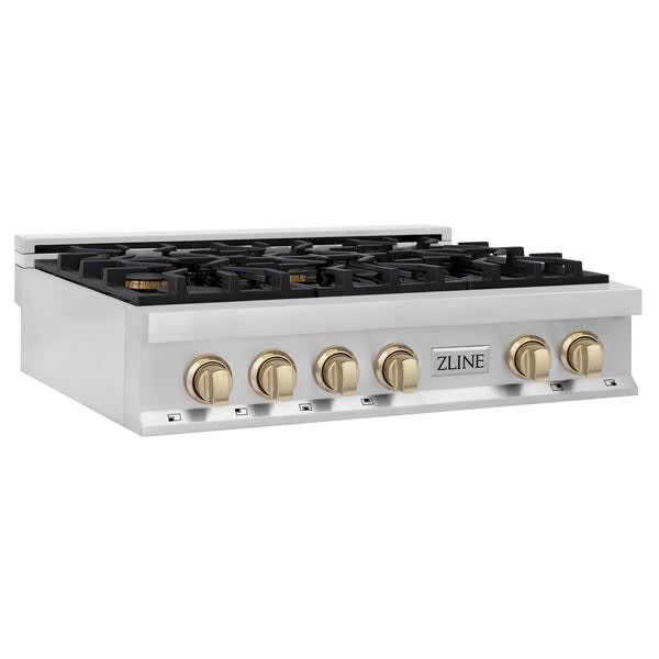 ZLINE Autograph Edition 36" Porcelain Rangetop with 4 Gas Burners in Stainless Steel with Gold Accents (RTZ-36-G)