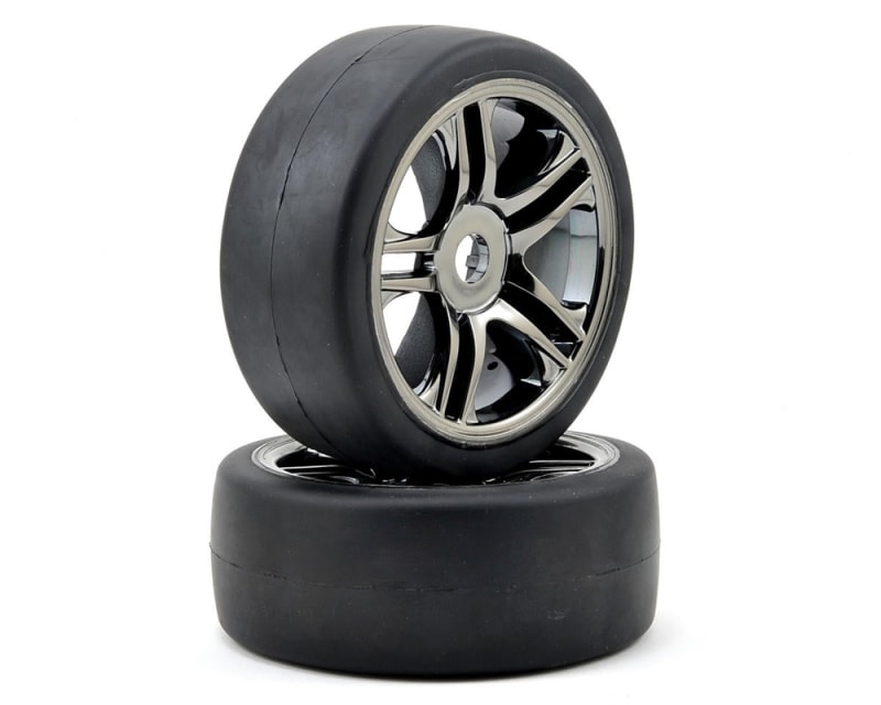 Traxxas Front Black Chrome Wheels & Belted S1 Slick Tires, Pre-Mounted (2) Traxxas Front Black Chrome Wheels & Belted S1 Slick Tires, Pre-Mounted (2)