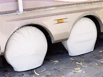 The ADCO 3951 Ultra Tyre Gard Wheel Covers are a set of two heavy-duty, flannel-backed vinyl covers designed to protect RV and trailer tires from environmental damage. They are white and fit tires with a diameter of 33 to 35 inches.