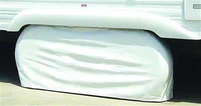 The ADCO TIRE STORAGE COVERS DOUBLE WHITE 27-29", 3923 are heavy-duty, flannel-backed vinyl covers designed to protect double-axle RV or vehicle tires from environmental damage. They fit tires with a 27 to 29-inch diameter.