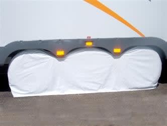 The ADCO 3983 Tyre Gard Wheel Cover is a heavy-duty, white vinyl cover designed to protect three tires simultaneously on a triple-axle trailer or RV, fitting tire diameters from 27 to 29 inches.