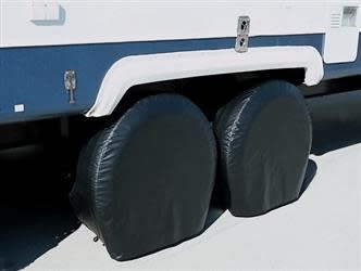 The ADCO Tire Storage Covers Black, 40"-42", 3977 (also known as the ADCO Ultra Tyre Gard) are heavy-duty, flannel-backed vinyl covers designed to protect RV tires from environmental damage. They are sold as a set of two covers.