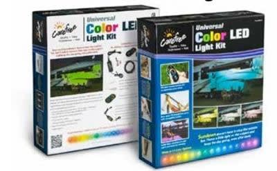 The Carefree Color LED Light Strip Awning Kit, SR0112 is a universal, dimmable 16-foot LED light strip for RV awnings that offers 15 color options plus white, along with dynamic lighting effects controlled by a wireless remote.