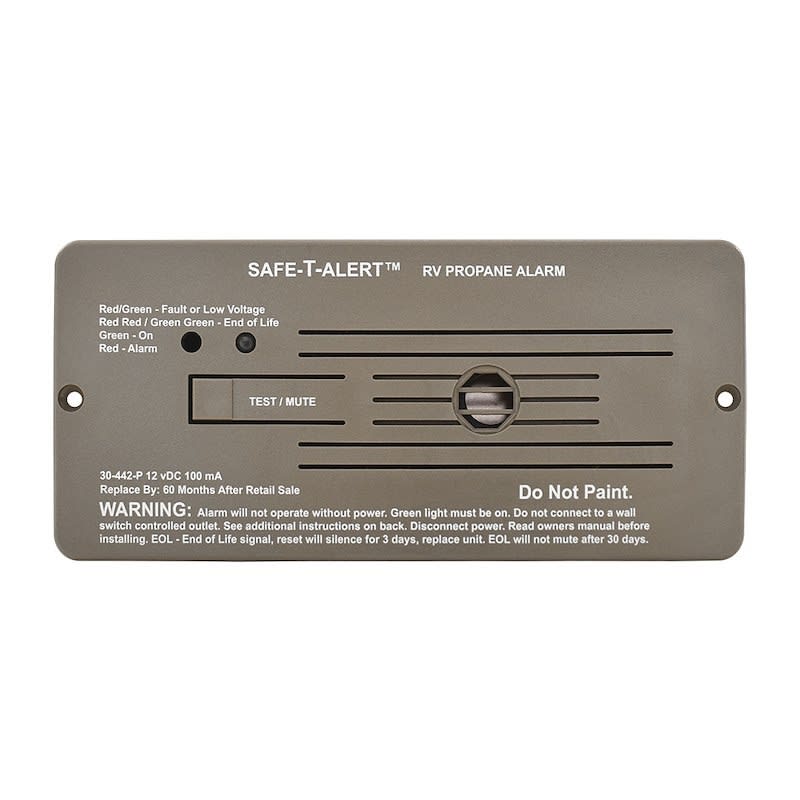The SAFE-T-ALERT Propane Gas Leak Detector Brown, 30-442-P-BR is a flush-mount 12-volt DC propane/LP gas alarm designed for the RV environment. It features a loud 85 dB alarm and a self-cleaning, long-life sensor.