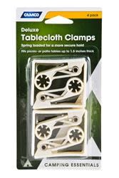The Camco Deluxe Tablecloth Clamps (Model 51077) are springâ€‘loaded plastic clips designed to keep tablecloths secure, even on windy days. They fit tables up to 1.5 inches thick and typically come in a 4â€‘pack.
