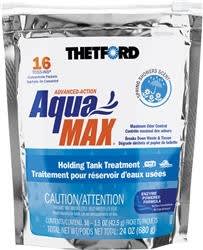 The Thetford AquaMax (Item #96631) is an advanced enzyme-powered RV and marine waste holding tank treatment designed to neutralize odors and accelerate the breakdown of waste and toilet tissue.
