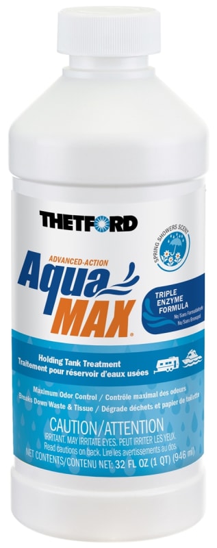 The Thetford Aqua-Max 32oz waste holding tank treatment (part number 96635) is an enzyme-based liquid formula for RV, marine, and portable toilets that controls odors and breaks down waste.