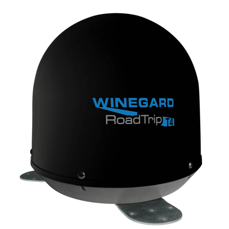 The Winegard RoadTrip T4 In-Motion Satellite TV Antenna, Black RT2035T is a compact, fully automatic roof-mounted antenna designed for RVs, allowing you to watch live standard and high-definition TV programming while traveling.