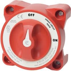 The Blue Sea Systems 9003E-BSS is an e-Series, single-circuit ON-OFF battery disconnect switch with a continuous rating of 350 amps and a maximum voltage of 48V DC.