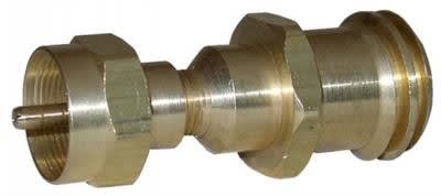 The Marshall Excelsior ME481P is a brass propane adapter designed to connect appliances with a 1 lb disposable cylinder fitting to a 20 lb (or larger) tank's ACME or POL connection.