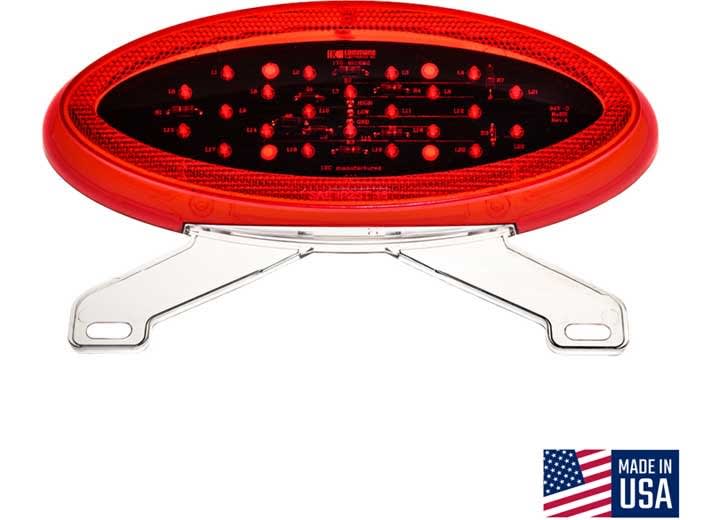 The Command Electronics 003-85L is an oval, surface-mount LED tail light that includes an integrated license plate bracket and provides stop, turn, tail, and rear reflex functions. It is designed primarily for the driver's side of trailers and RVs.