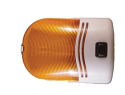 The Command Electronics 007-30SAP is an incandescent amber porch light with a switch designed for RVs, featuring a white base and a rectangular shape.
