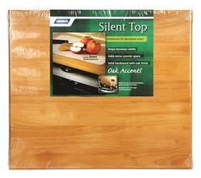 The Camco 43521 Oak Accents Silent Top Stovetop Cover, a universal-fit, solid hardwood cover designed for RV stoves. It adds valuable counter space and silences stovetop rattles during travel.