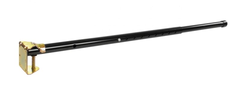 The JR Products adjustable table leg (part number 06-30085) is a black, tubular, steel leg that can be adjusted in height from 22.5 to 35.5 inches. It is primarily designed for RV and camper tables and is known for being easy to install.