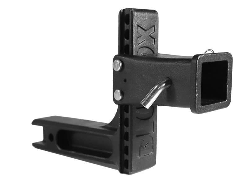 The Blue Ox Adjustable Receiver Tube Adapter (BX88340) is a heavy-duty steel adapter that provides an 8-inch drop or rise for a 2-inch hitch receiver to ensure a tow bar is level for safe flat towing.