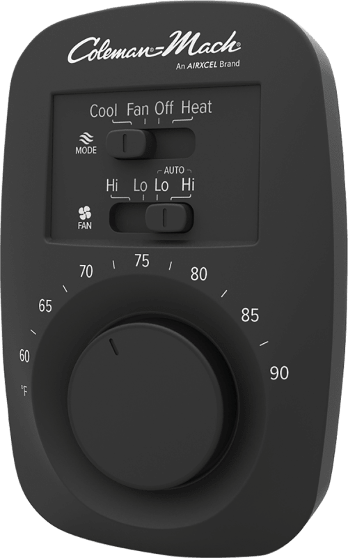 The Coleman Mach 9420-351 is a black, analog, single-stage 12V wall thermostat for RVs, controlling heat, cool, and fan functions (High/Low/Auto) for various Coleman-Mach rooftop AC units and furnaces, replacing older models like the 7330G3351.