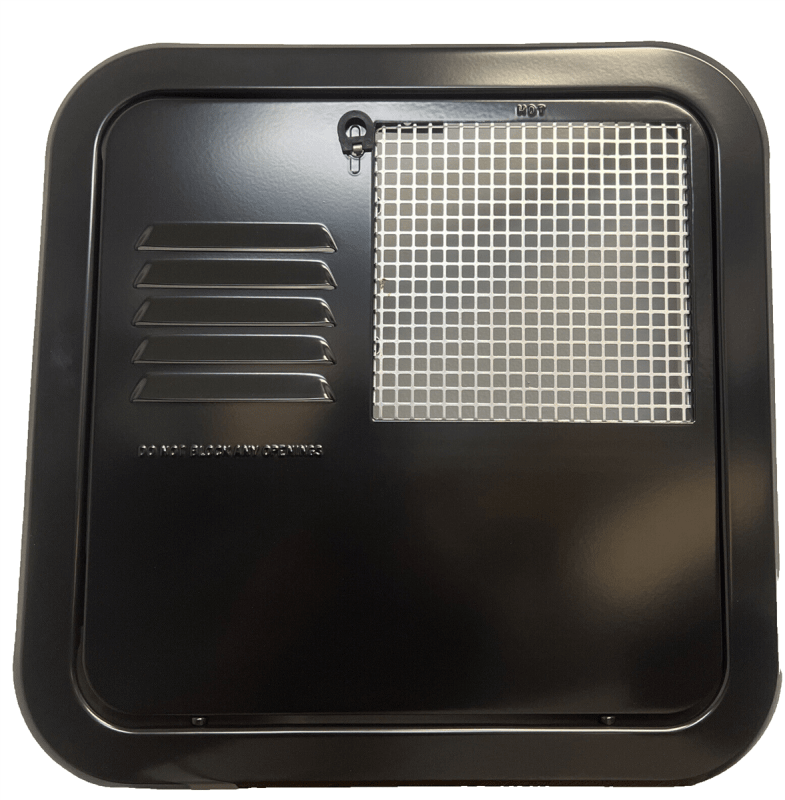 The Suburban 6255AEB door is a black, flush-mount access door designed for 4- and 6-gallon Suburban SW model RV water heaters. It is made of corrosion-resistant steel with a baked enamel finish for durability.
