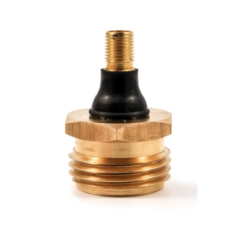 The Camco 36153 is a heavy-duty, brass RV water line blow-out plug used for winterizing recreational vehicles by clearing water from plumbing using compressed air, preventing freeze damage. It screws into the city water inlet, has a Schrader valve.