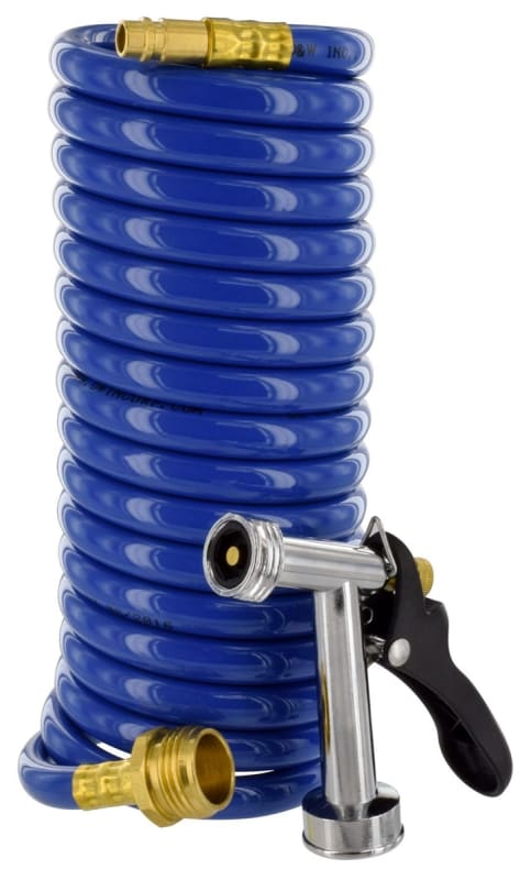 The Phoenix PF267003 (a brand under Valterra) is a 15-foot coiled hose assembly designed for RV exterior "Spray-Away" wash stations.