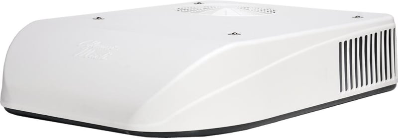 The Coleman Mach 8 Plus 47203-076 ultra-low profile RV rooftop air conditioner unit with a 13,500 BTU cooling capacity. It is designed for RVs and trailers and can be used in both ducted and non-ducted systems.