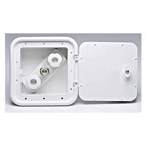 The Phoenix PF247201 is an exterior hot and cold spray port outlet box designed for RV and marine applications, often sold under the Valterra brand. It allows users to connect a quick-connect hose (sold separately) for various outdoor washing needs.