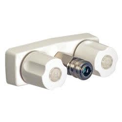 The Phoenix PF213247 by Valterra is a white, plastic, dual-handle faucet with a quick connect outlet, primarily used as an exterior spray port or shower valve replacement for RVs and marine units.