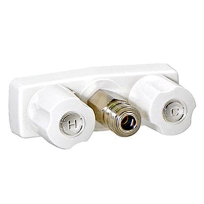 The Phoenix PF213246 is a white, plastic, dual-handle RV Exterior Spray Port Faucet by Valterra (under the Phoenix brand), featuring a 3-3/8" center, compression valves, and a quick-connect fitting for an exterior shower hose.