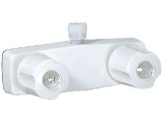The Phoenix PF213244 is a white, plastic, dual-handle RV shower control valve with a built-in vacuum breaker, designed for 4-inch center installations, allowing connection to a handheld shower hose while preventing backflow into your clean water supply.