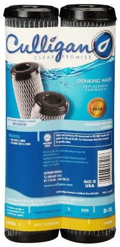 The Culligan D-10A is a carbon-impregnated cellulose replacement filter cartridge designed for point-of-use, under-sink drinking water systems. It is NSF Certified and reduces chlorine taste, odor, and sediment to a nominal 5 microns.