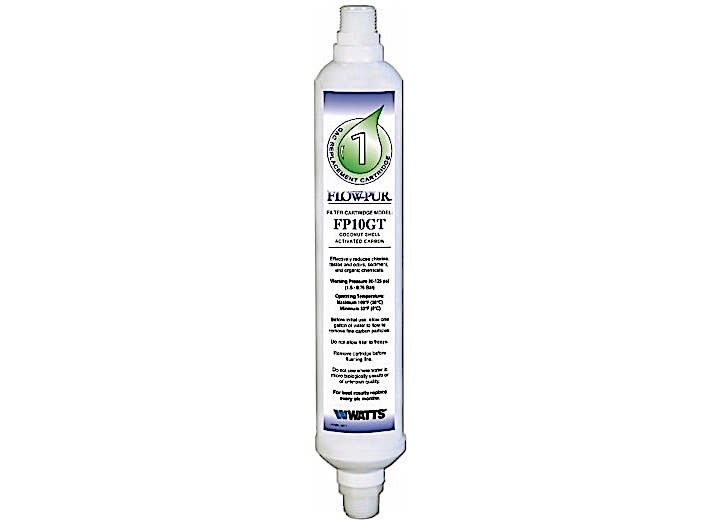 The Flow-Pur FP10GT water filter is an in-line granular activated carbon (GAC) filter designed for RV and marine use. It reduces chlorine taste and odor, rust, sediment, and volatile organic chemicals.