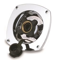 The SHURflo 183-029-14 is a chrome, wall-mount, pressure-reducing city water entry with a built-in check valve, designed to protect RV and marine plumbing systems from high city water pressure.