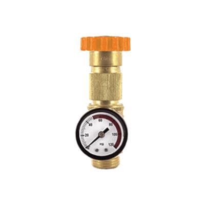 The Valterra A01-1124VP is a lead-free brass water pressure regulator with a built-in pressure gauge, designed to protect RV plumbing systems by regulating incoming water pressure to a safe 40-50 PSI.