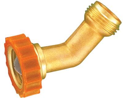 The Valterra A01-0019VP is a lead-free brass 45-degree elbow designed as a fresh water hose end protector (hose saver) for RVs.