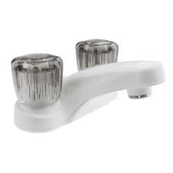The Dura Faucet DF-PL700S-WT is a white, two-handle lavatory (bathroom sink) faucet designed for recreational vehicles (RVs). It features smoked acrylic crystal knobs and a classic arc spout design.