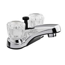 The Dura Faucet DF-PL720A-CP is a chrome polished lavatory faucet designed for RV bathrooms that features a shower hose diverter and two clear acrylic knob handles.