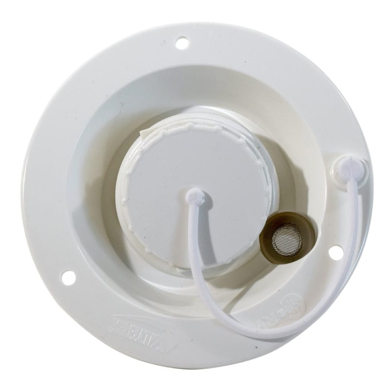 The Valterra A01-2003VP is a white, UV-stabilized plastic RV gravity fresh water fill inlet used to add water to an RV's fresh tank, featuring a bayonet-style cap for a secure seal, a 1/2-inch air vent for faster filling.