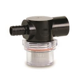 The Shurflo 255-323 is a Twist-On Water Strainer designed to protect fresh water pumps (especially Shurflo brand) from debris by filtering out particles before they enter the pump, featuring a 1/2" hose barb inlet and 1/2" female swivel outlet.