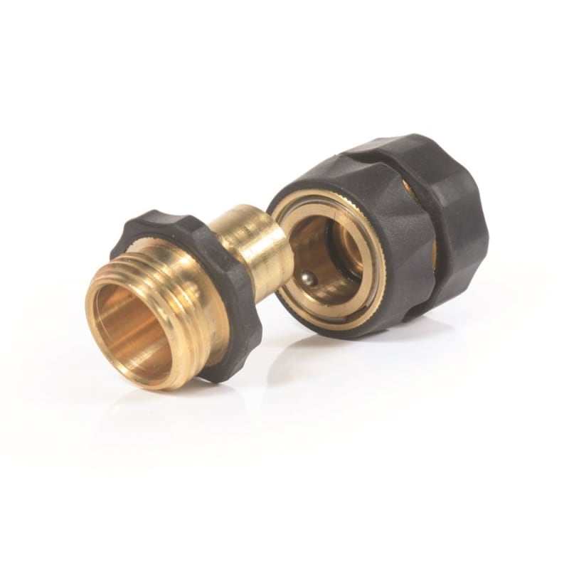 The Camco 20135 is a solid brass quick-connect fitting for garden hoses that features an automatic shut-off valve. It allows users to quickly and easily attach and detach hoses and various watering tools without manually threading them on and off.