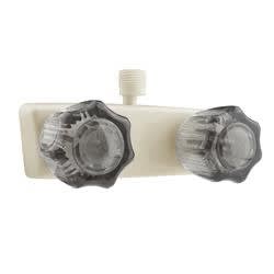 The Dura Faucet DF-SA100S-BQ is a two-handle, wall-mounted shower control valve with a classic design, specifically designed for use in RVs and motorhomes. It is made from durable, lightweight plastic and features smoked acrylic knobs.
