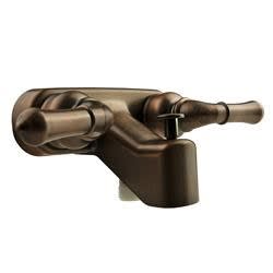 The Dura Faucet DF-SA110C-ORB is a non-metallic, oil-rubbed bronze finish tub and shower diverter faucet designed for recreational vehicles (RVs) with a classic two-handle look.