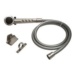 The Dura Faucet DF-SA130-SN is a handheld RV shower head and hose kit in a brushed satin nickel finish, designed for water conservation and easy installation in recreational vehicles.
