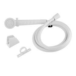 The Dura Faucet DF-SA130-WT is a lightweight, white, single-function handheld RV shower head and 60-inch hose kit