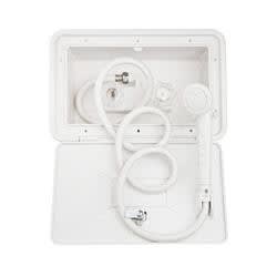 The Dura Faucet DF-SA170-WT is a white exterior shower box kit designed for use with RVs, motorhomes, campers, and trailers, featuring a shower wand with a trickle switch and a lockable door.