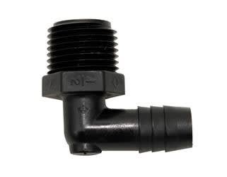The Valterra RF846 is a durable, black plastic 90-degree elbow fitting used in RV and plumbing systems, featuring a 1/2" Male Pipe Thread (MPT) on one end for threaded connections and a 1/2" hose barb on the other.