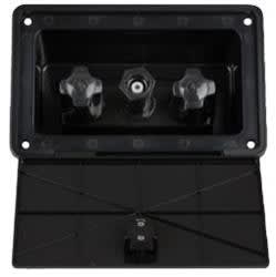 The Dura Faucet DF-SA185-BK Exterior Spray Port is a black, plastic hot and cold faucet designed to be mounted flush on the exterior of an RV or camper. It features a quick-connect valve for easy use with a compatible hose and sprayer kit.
