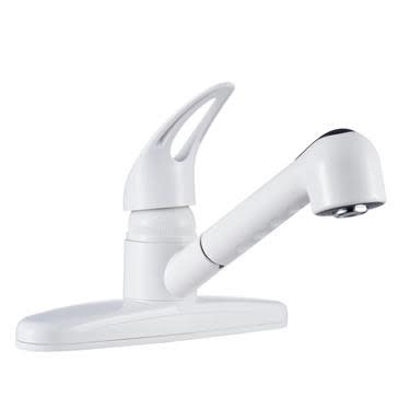 The Dura Faucet DF-PK100-WT is a white, non-metallic, pull-out RV kitchen faucet designed for recreational vehicles, featuring a single loop lever, a pull-out sprayer with dual stream/spray settings.