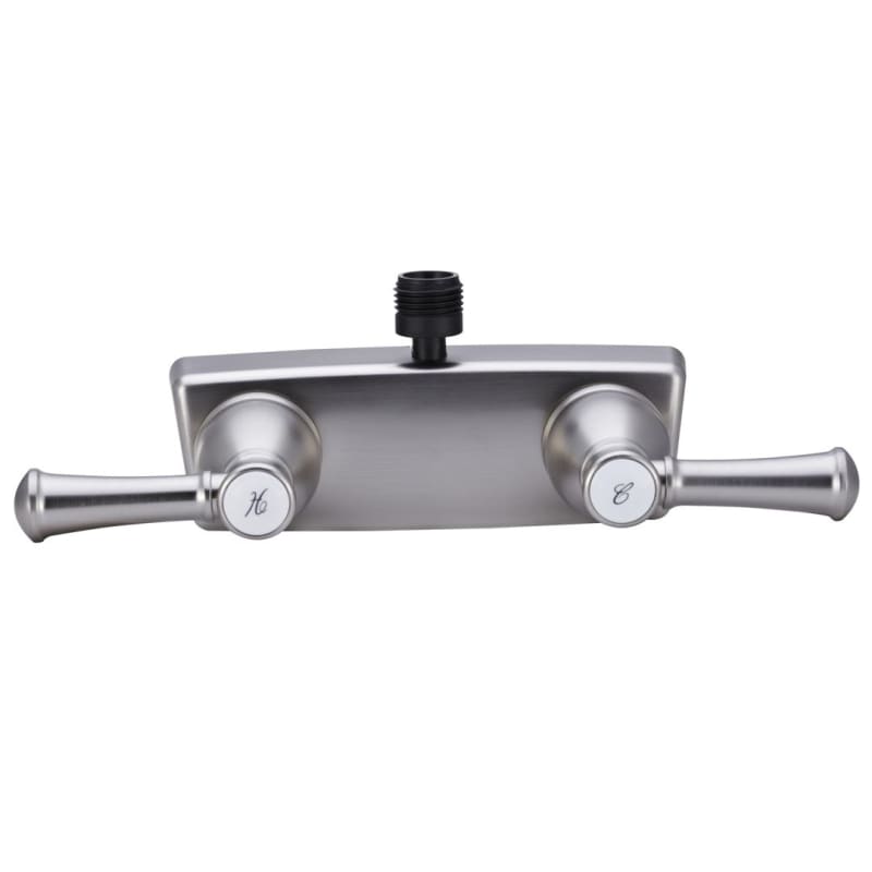 The Dura Faucet DF-SA100L-SN is a brushed satin nickel, two-handle shower control valve designed specifically for recreational vehicles (RVs), featuring a built-in diverter for a hand-held shower hose.