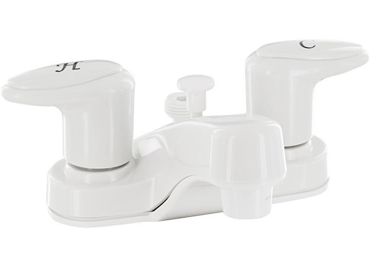 The Phoenix PF222241 is a white, plastic, two-handle, 4-inch center RV bathroom faucet from the Catalina series, featuring a built-in diverter for attaching a handheld shower, 1/4-turn washerless valves, and a 2.2 GPM flow rate.
